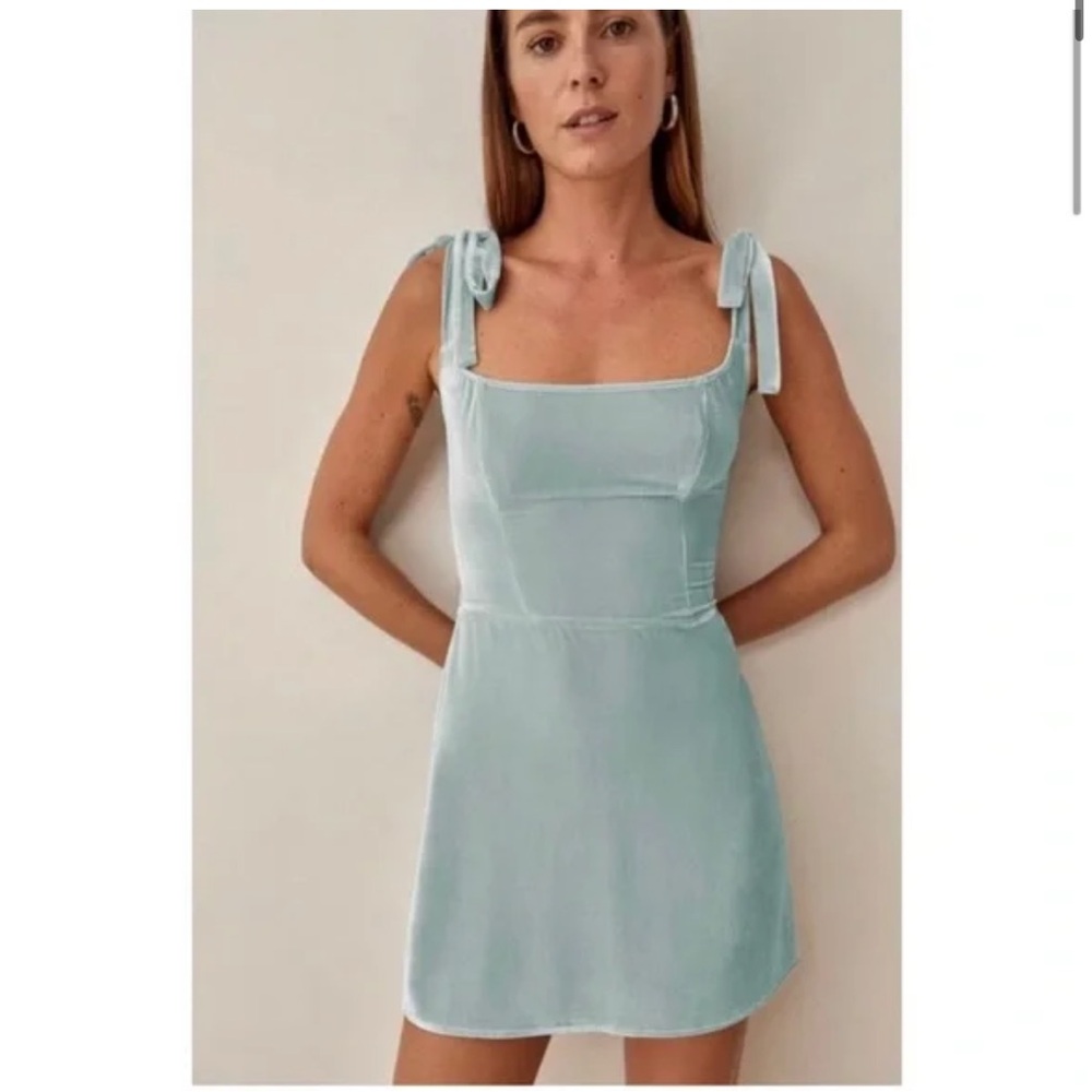 Reformation NWT Minna Velvet Dress in Turquoise, size 6